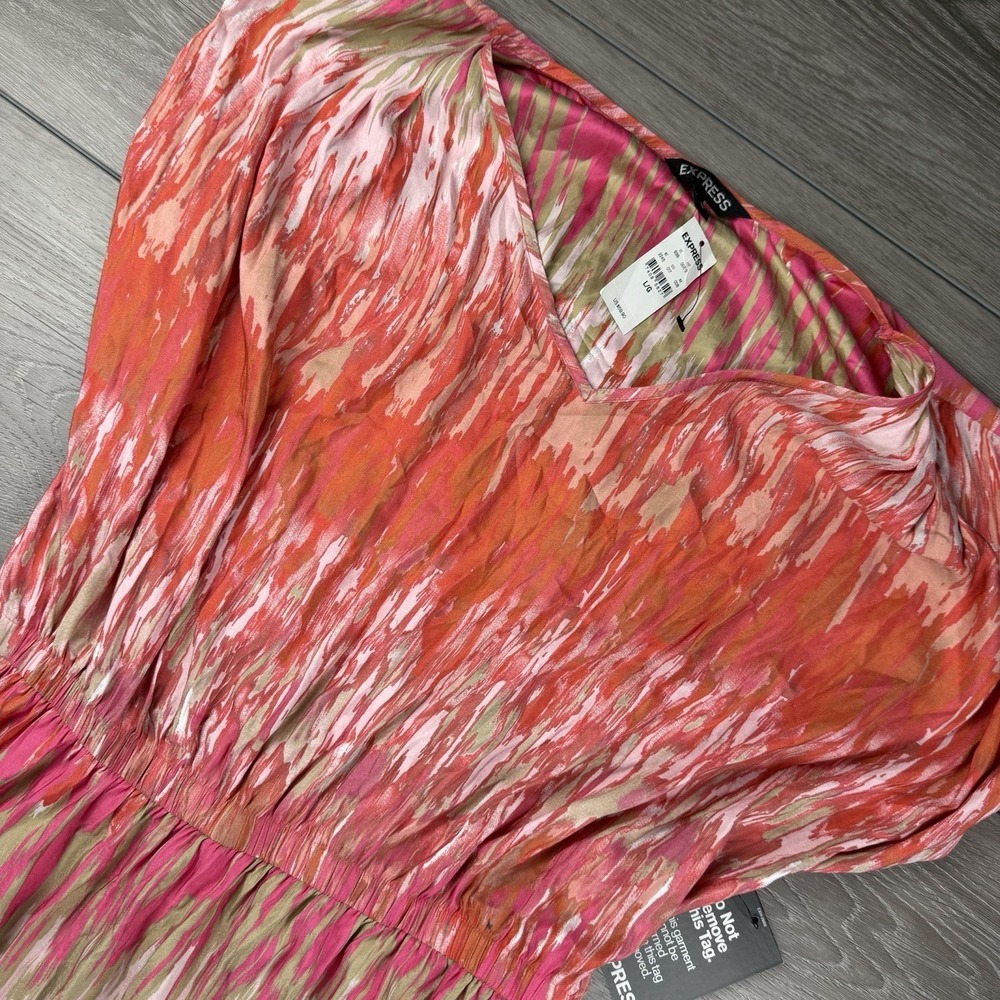 Express Women's Cinched Waist Hi Low Watercolor Dress Coral Pink Large New